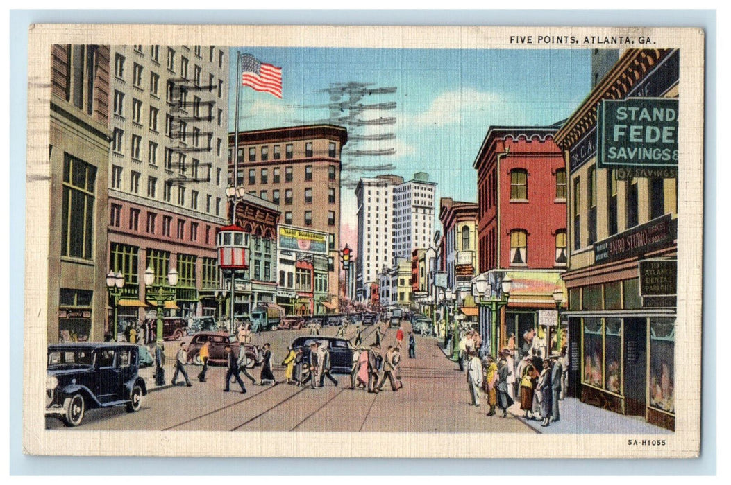 1937 Busy Road, Five Points Atlanta Georgia GA Antique Posted Postcard