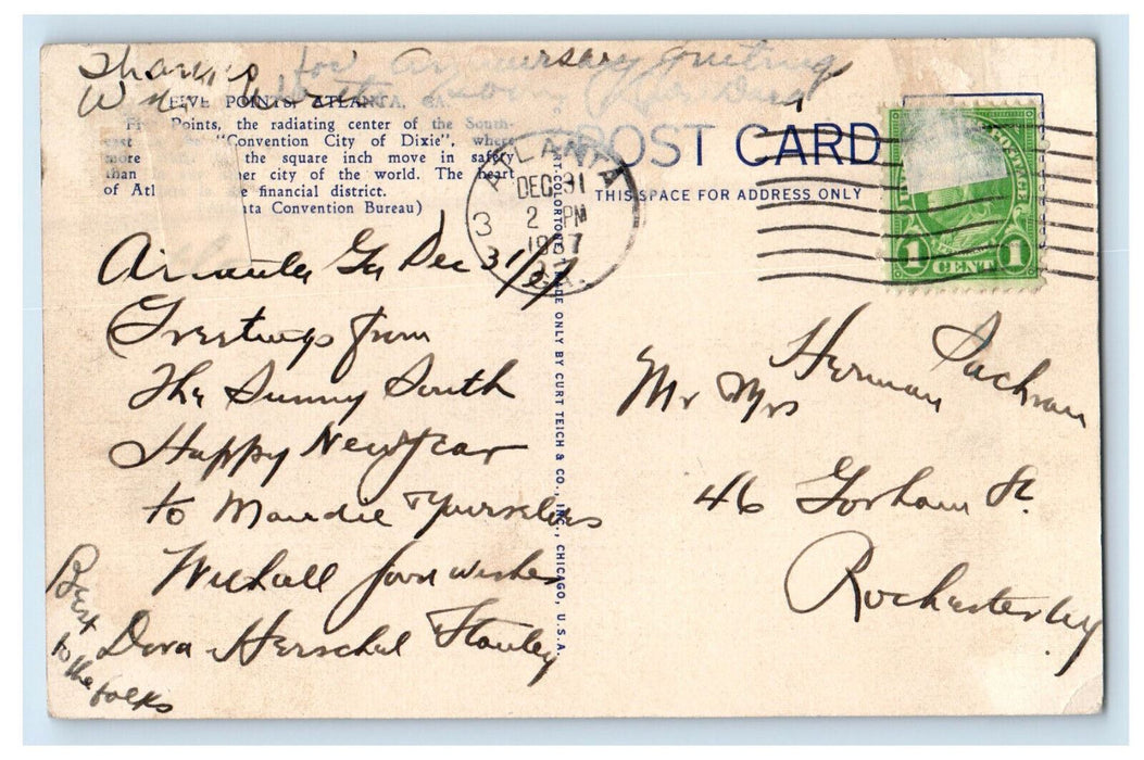 1937 Busy Road, Five Points Atlanta Georgia GA Antique Posted Postcard