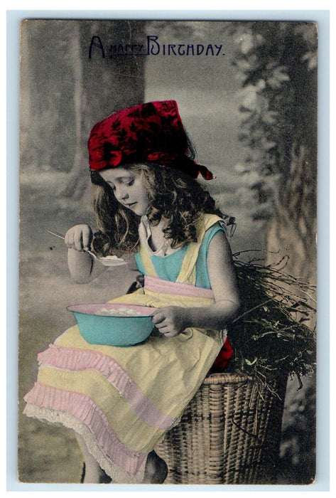 Birthday Greetings Little Girl Eating Poorage Tinted Unposted Antique Postcard