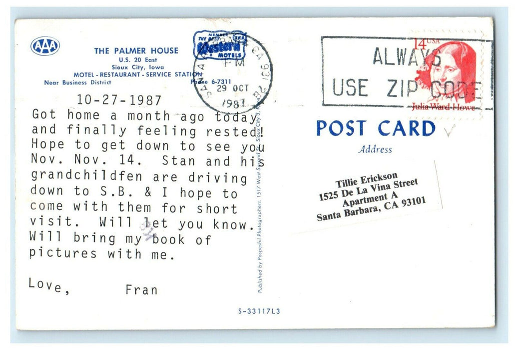 1987 The Palmer House Motel Restaurant Sioux City Iowa IA Vintage Postcard