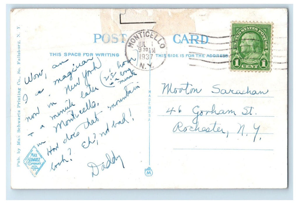 1937 Nature Scene, Greetings from Monticello New York NY Posted Postcard