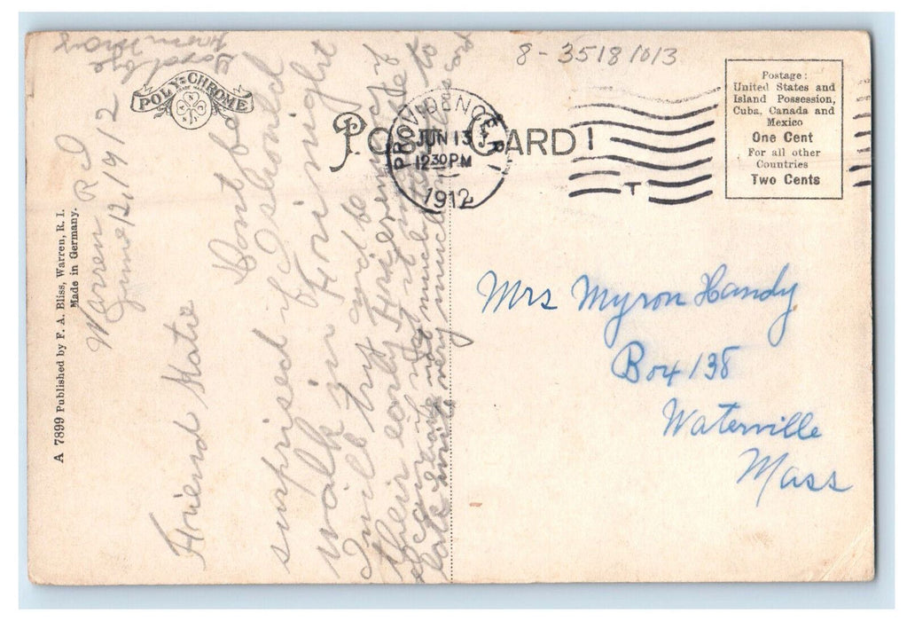 1912 Market Street Looking West Warren Rhode Island RI Posted Postcard