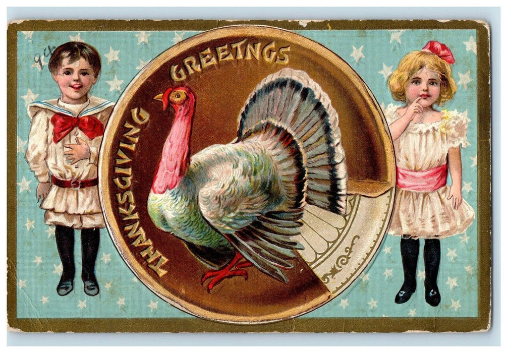 1908 Thanksgiving Greetings Boy Girl And Turkey Embossed Long Island NY Postcard