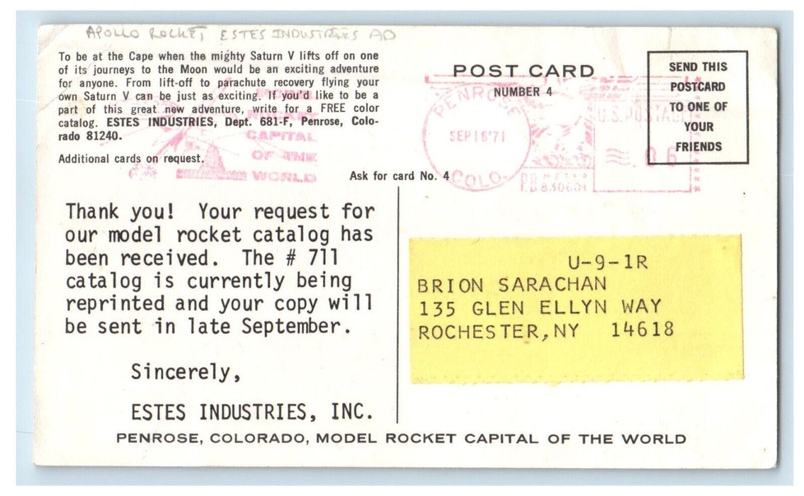 1971 Apollo Rocket Estes Industries Advertising Penrose CO Vintage Postcard