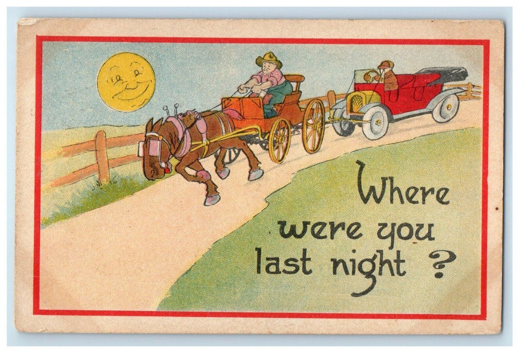 1915 Horse And Buggy Car Racing Chill Moon Road Mineral Point PA Postcard