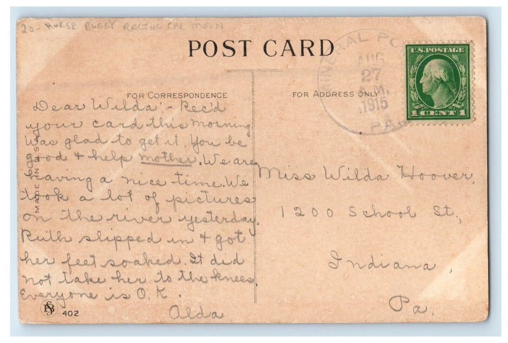 1915 Horse And Buggy Car Racing Chill Moon Road Mineral Point PA Postcard
