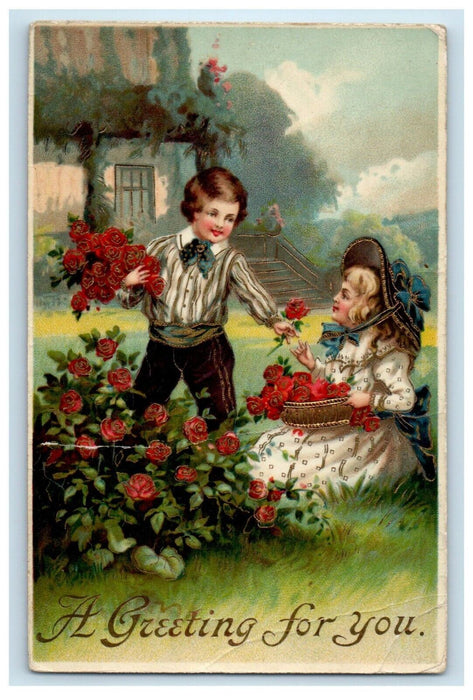 1911 Valentine Greetings Boy And Girl Red Roses Gel Gold Gilt Antique Postcard