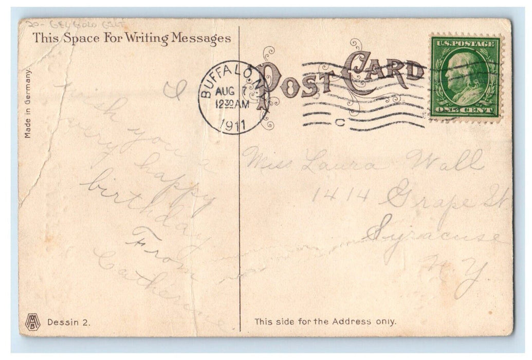 1911 Valentine Greetings Boy And Girl Red Roses Gel Gold Gilt Antique Postcard