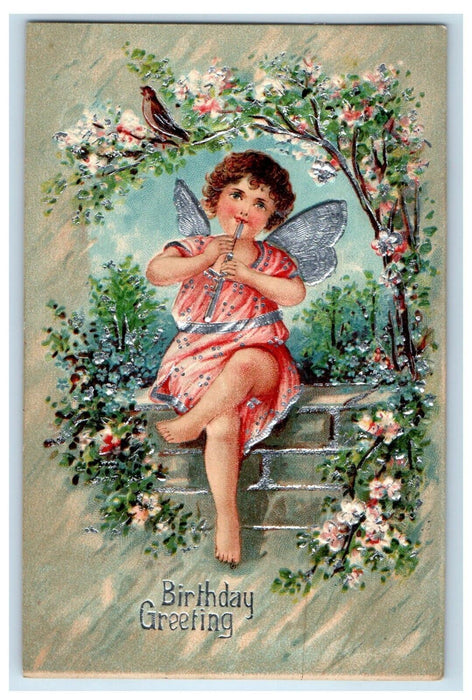 c1910's Birthday Greetings Angel Cherub Playing Float Recorder Embossed Postcard