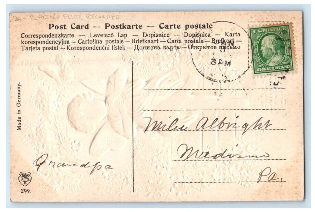 c1910's Birthday Greetings Angel Cherub Playing Float Recorder Embossed Postcard