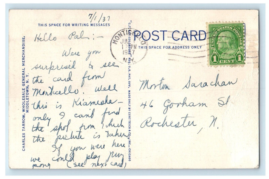 1937 Eventide on Lake, Greetings from Kiamesha Lake New York NY Postcard