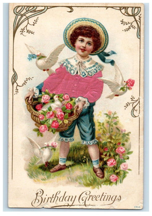 c1910's Birthday Greetings Girl Flowers Basket Dove Embossed Silk Felt Postcard