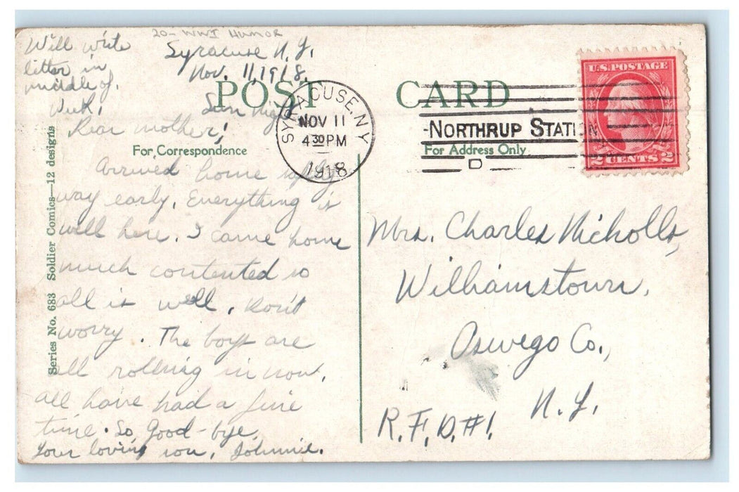 1918 Soldier Letter Girl Purse Bag WWI Humor Syracuse NY Posted Antique Postcard