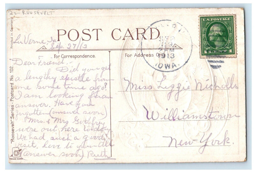 1913  Elephant Theo Roosevelt Embossed Germany Lu Verne Iowa IA Antique Postcard