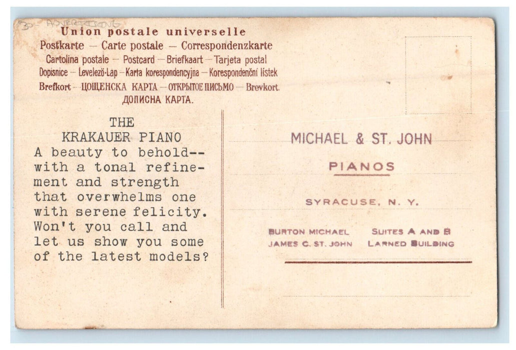 c1910 Flower Key, Michael & St. John Pianos Syracuse NY Advertising Postcard