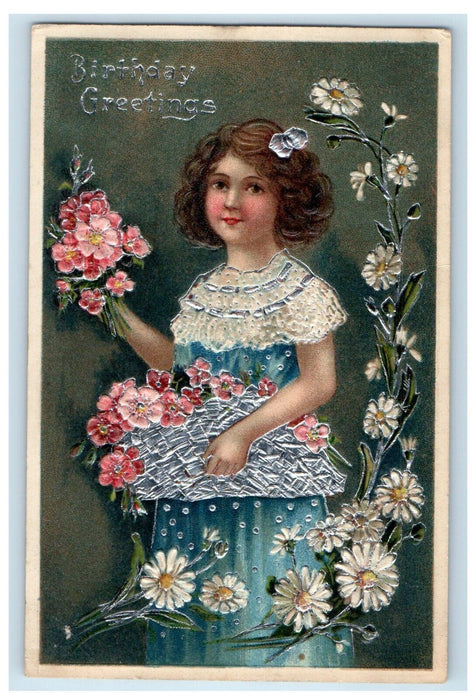 c1910's Birthday Greetings Pretty Girl Flowers Embossed Germany Antique Postcard