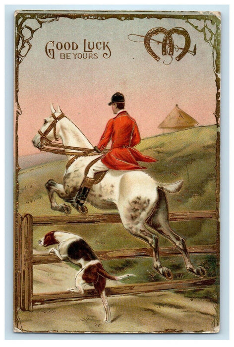 c1910's Brisbin PA, Horseback Riding Jockey Hunting Hound Dog Horseshoe Postcard