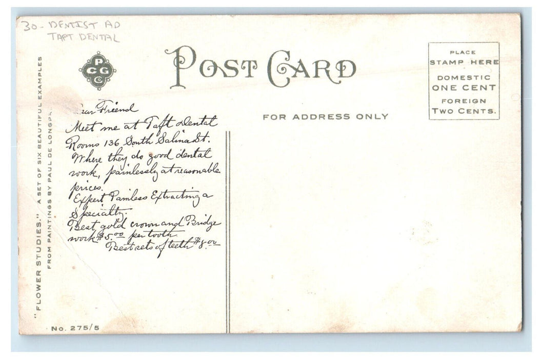 c1910 Lawson Pinks Flower Dental Advertising Taft Dental Posted Postcard
