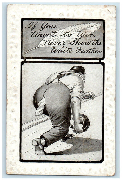 1910 Bowling Man Split Pants Humor Funny White Feather Posted Antique Postcard