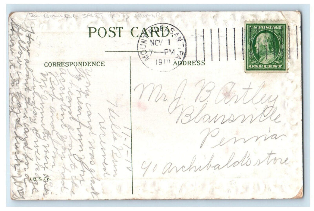 1910 Bowling Man Split Pants Humor Funny White Feather Posted Antique Postcard