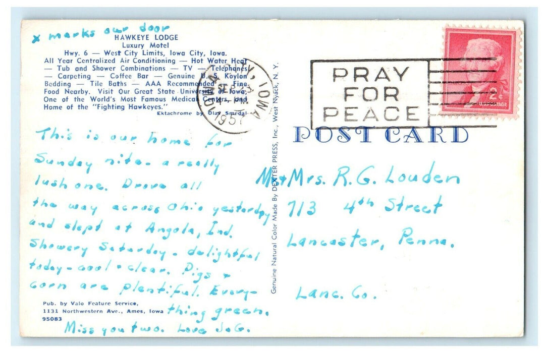 1957 Hawkeye Lodge Luxury Motel Iowa City Iowa IA Posted Vintage Postcard