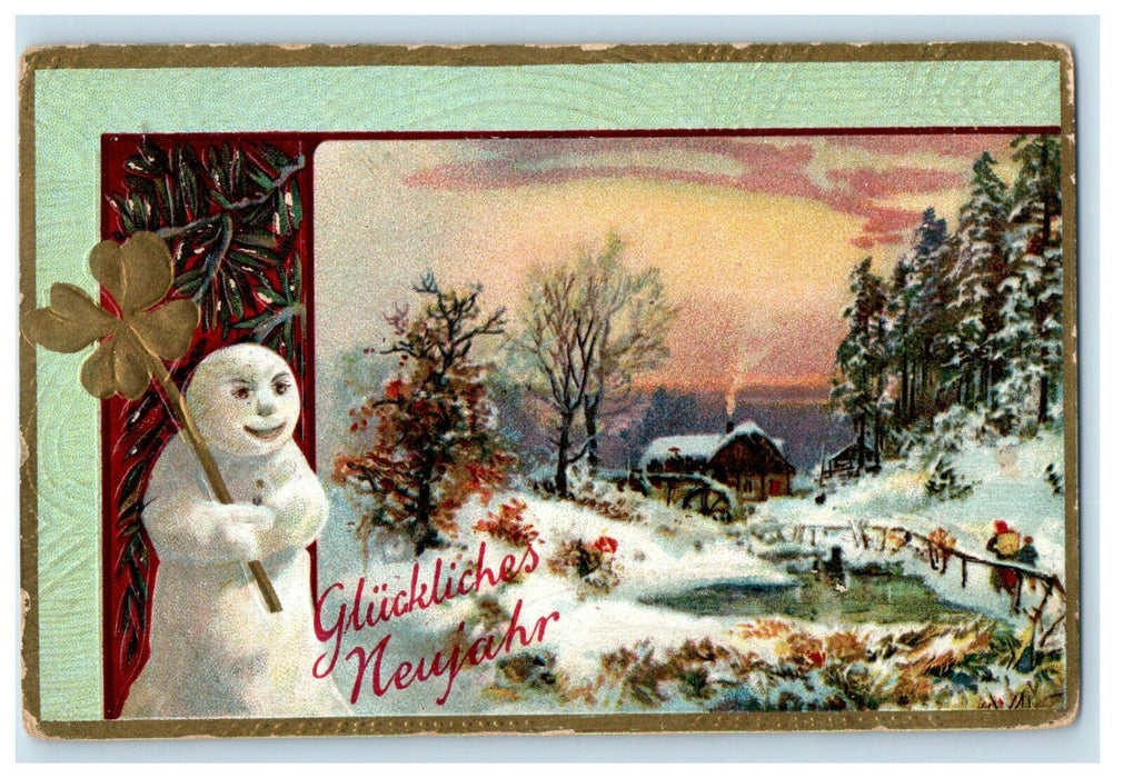1908 New Year Greetings Snow Covered Trees House Shamrock Snowman Postcard