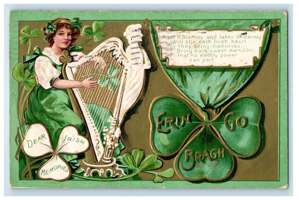1909 Victorian Girl Playing Harp Shamrocks Poem Embossed Syracuse NY Postcard