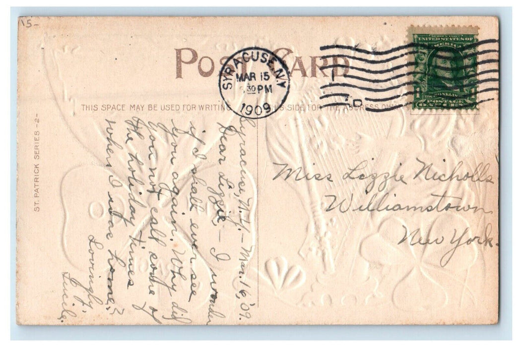 1909 Victorian Girl Playing Harp Shamrocks Poem Embossed Syracuse NY Postcard