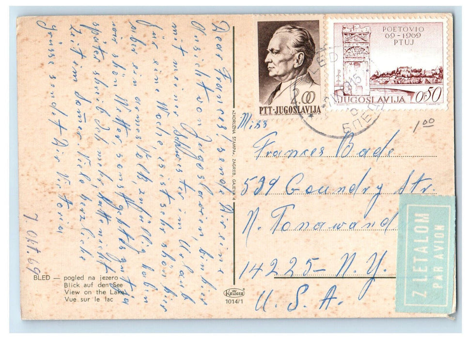 1969 View on the Lake, Boat Sailing, Mountain, Buildings BLED Slovenia Postcard