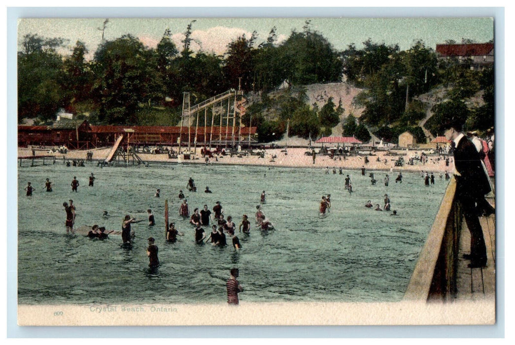 c1905 Bathing Scene, Bridge, Slides, Crystal Beach Ontario Canada Postcard