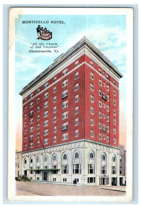 c1910's Monticello Hotel Building Car Charlottesville Virginia VA Postcard