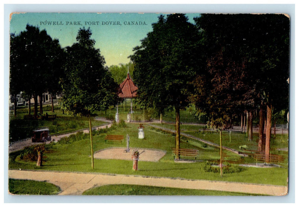 1912 Chairs, Trees, Road Scene, Powell Park Port Dover Canada Postcard