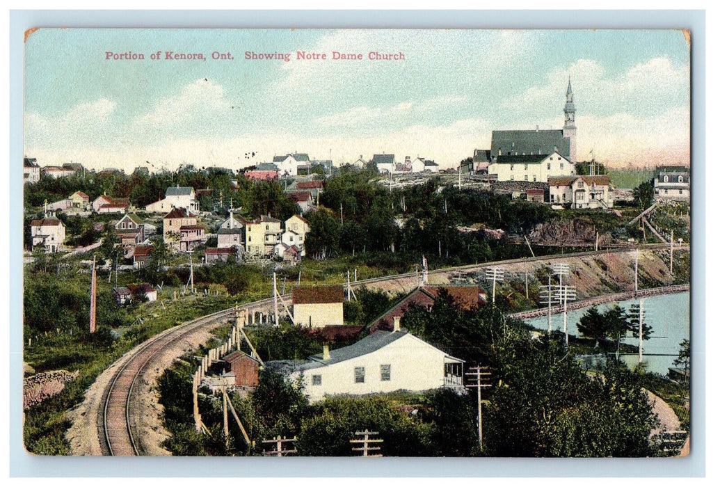 1913 Portion of Kenora Ontario Showing Notre Dame Church Canada Postcard