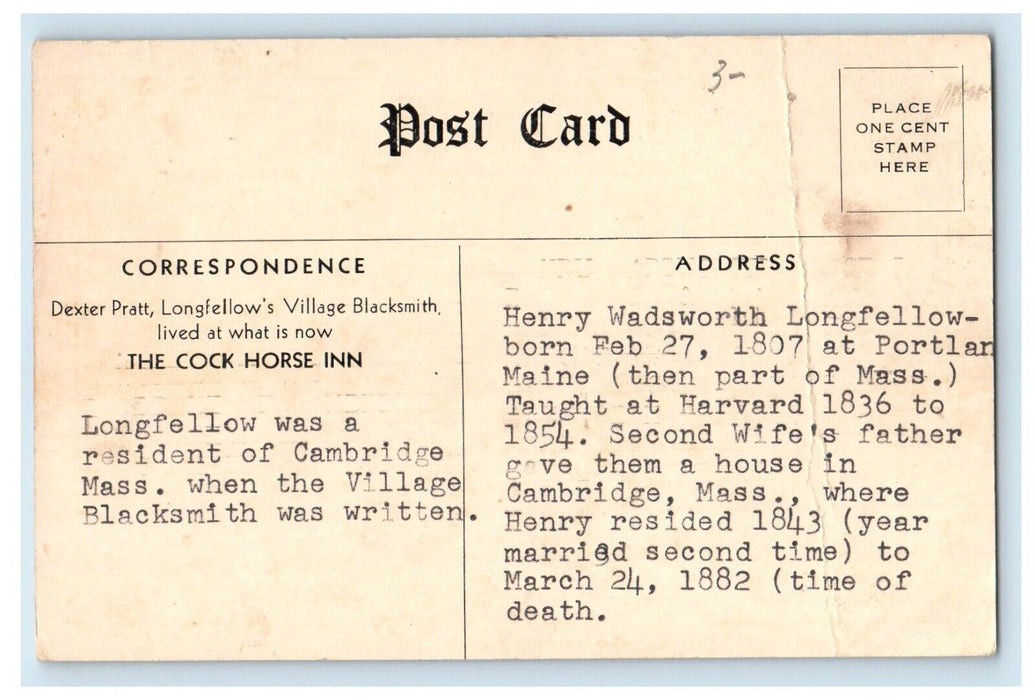 c1910's Dexter Pratt's Smithy Cock Horse Inn Cambridge Massachusetts MA Postcard