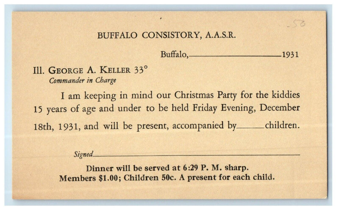 1931 Buffalo Consistory A.A.S.R. Kiddies Christmas Party Advertising NY Postcard