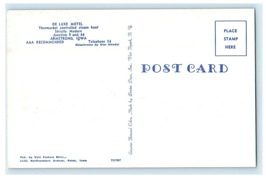 c1960's De Luxe Motel Scene Street Armstrong Iowa IA Unposted Vintage Postcard