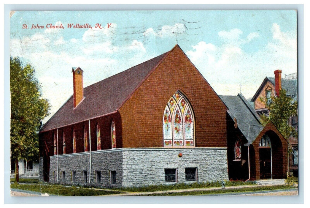 1911 St. John Church Street View Wellsville New York NY Posted Antique Postcard