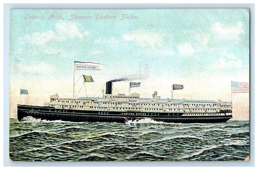 1907 Detroit Michigan MI, Steamer Ship Eastern States Posted Antique Postcard