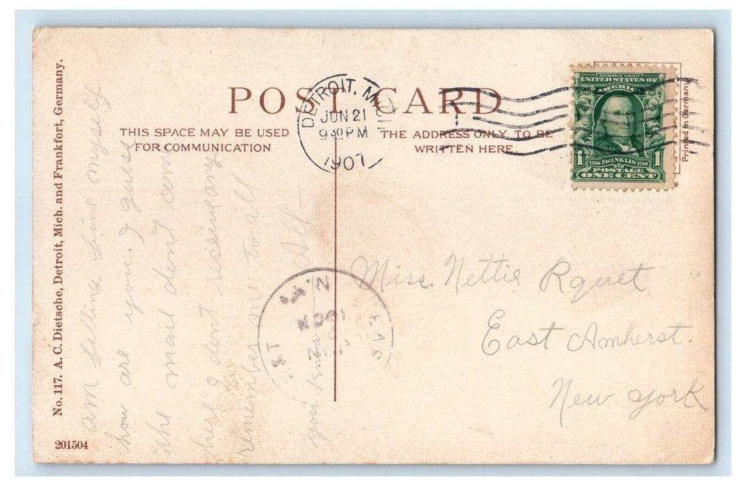 1907 Detroit Michigan MI, Steamer Ship Eastern States Posted Antique Postcard