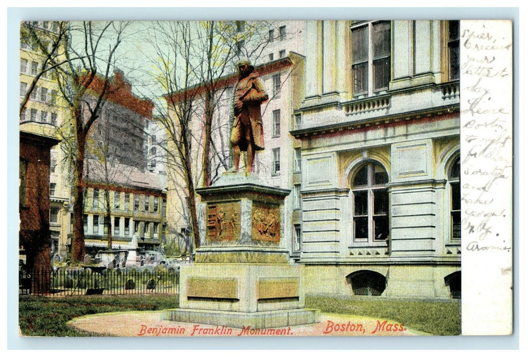 1907 Benjamin Franklin Monument, Boston, Massachusetts MI Antique Postcard
