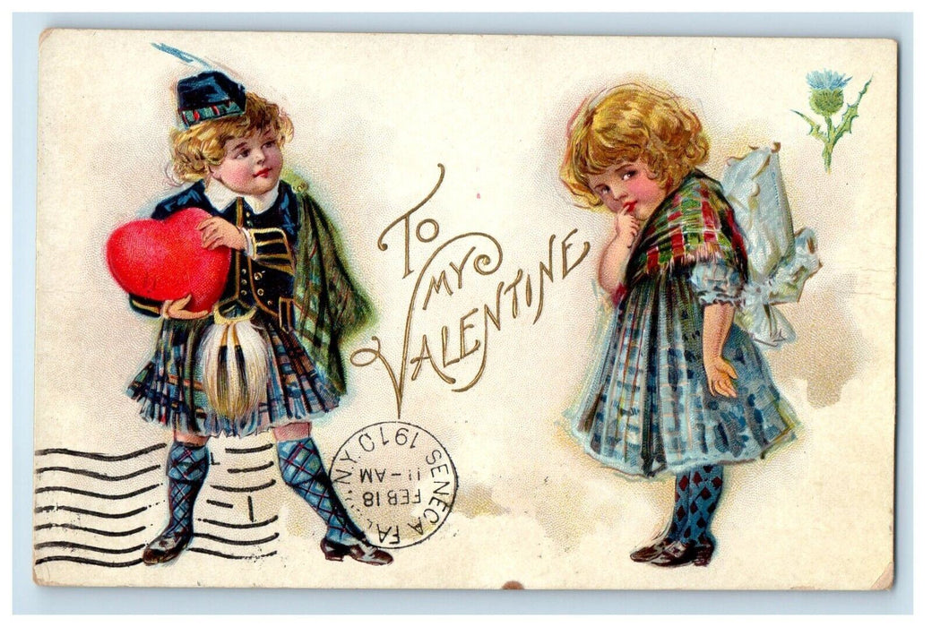 1910 Valentine Two Girls Curly Brown Hair With Big Heart Embossed Postcard