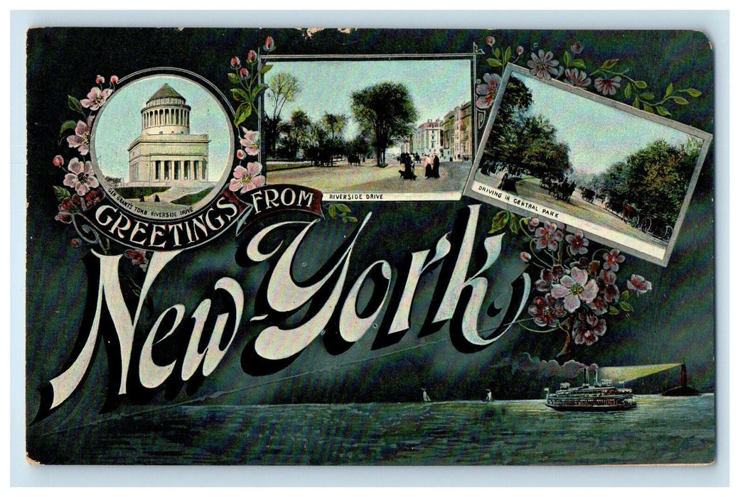 1909 Multiview, Steamship, Greetings from New York NY Antique Postcard
