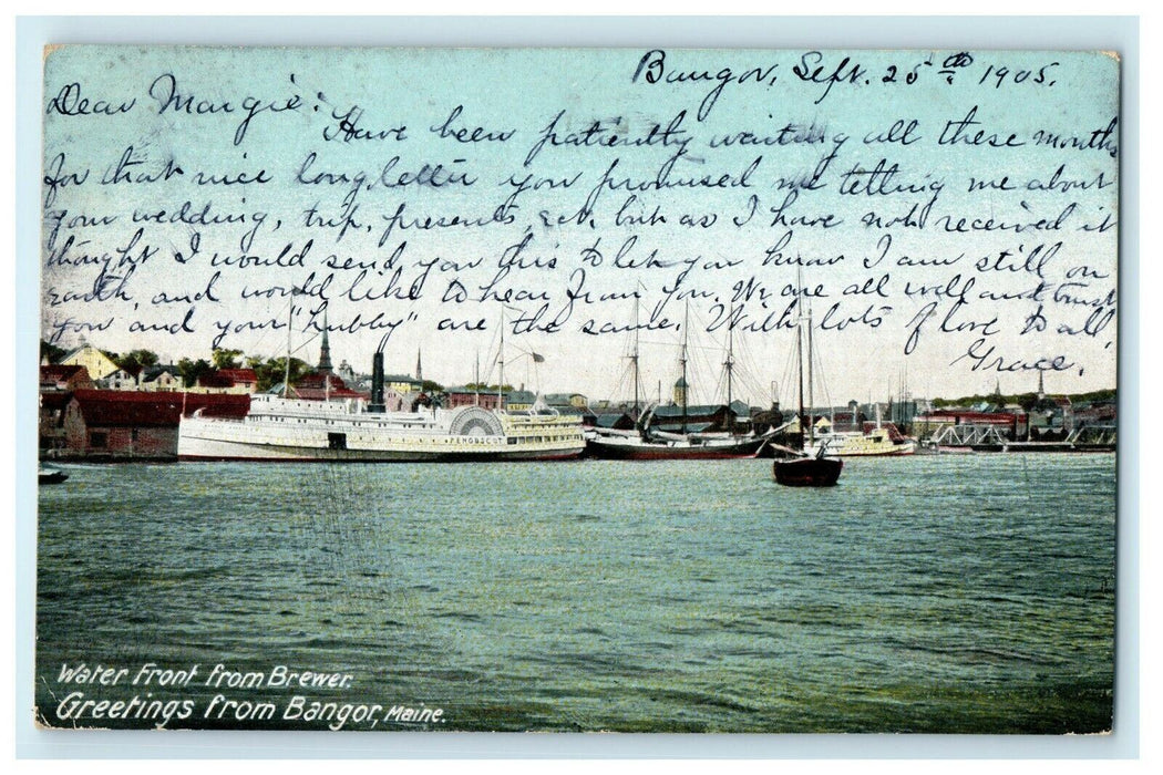 1905 Greetings Water Front From Brewer Bangor Maine ME Antique Posted Postcard