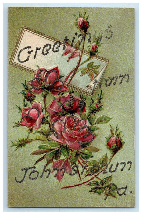 c1910 Greetings from Johnstown Pennsylvania PA Glitters, Flower Print Postcard