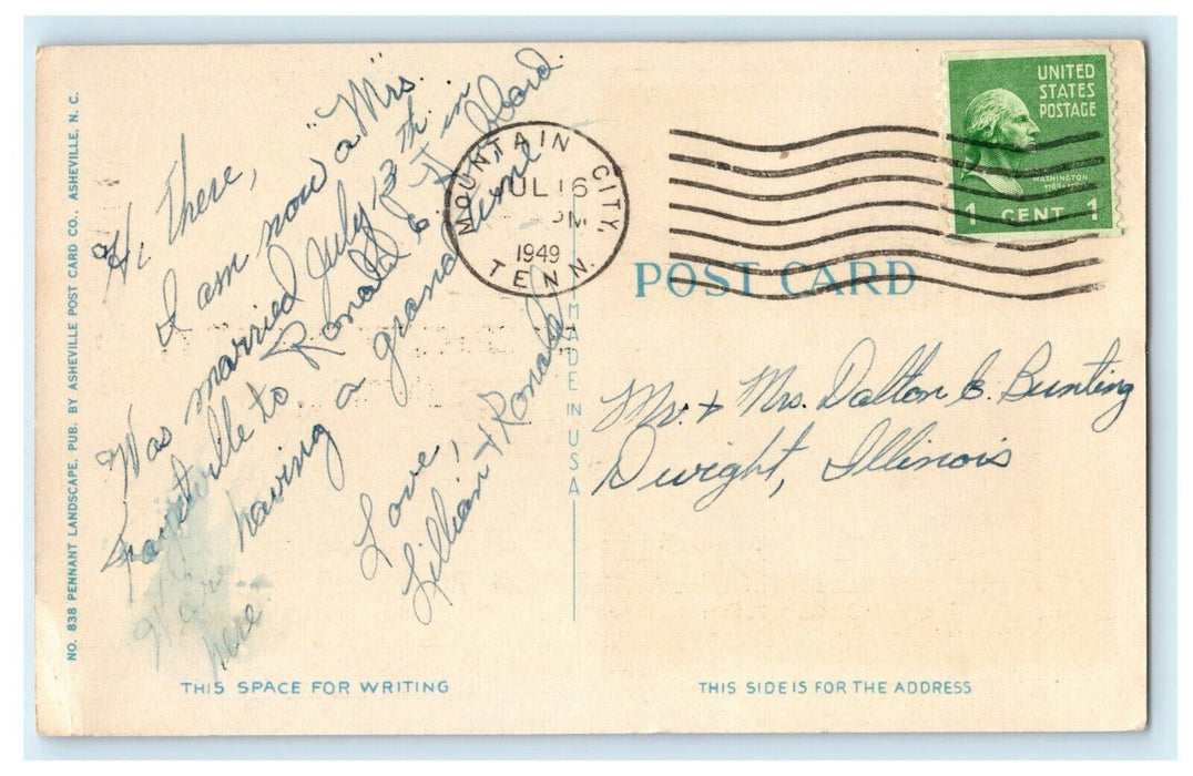 1949 Pennant Greetings from Mountain City Tennessee Marriage Vintage Postcard