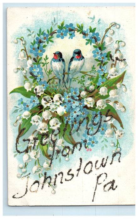 c1910 Greetings from Johnstown Pennsylvania PA Glitters Birds Flower Postcard