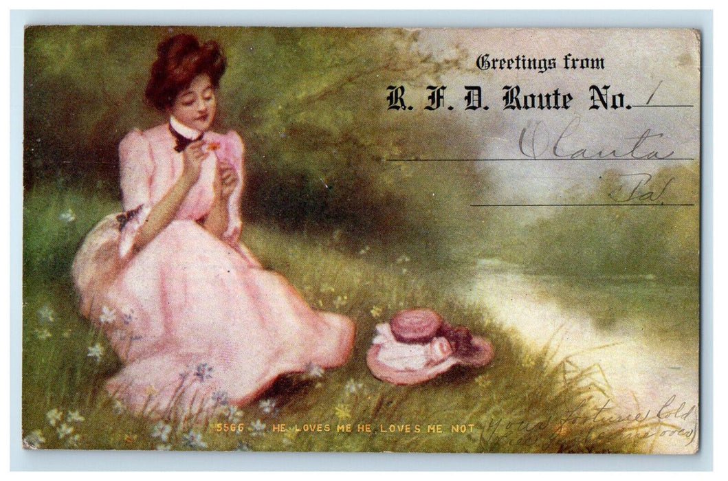 1910 Greetings from Olanta PA, He Loves Me He Loves Me Not Postcard