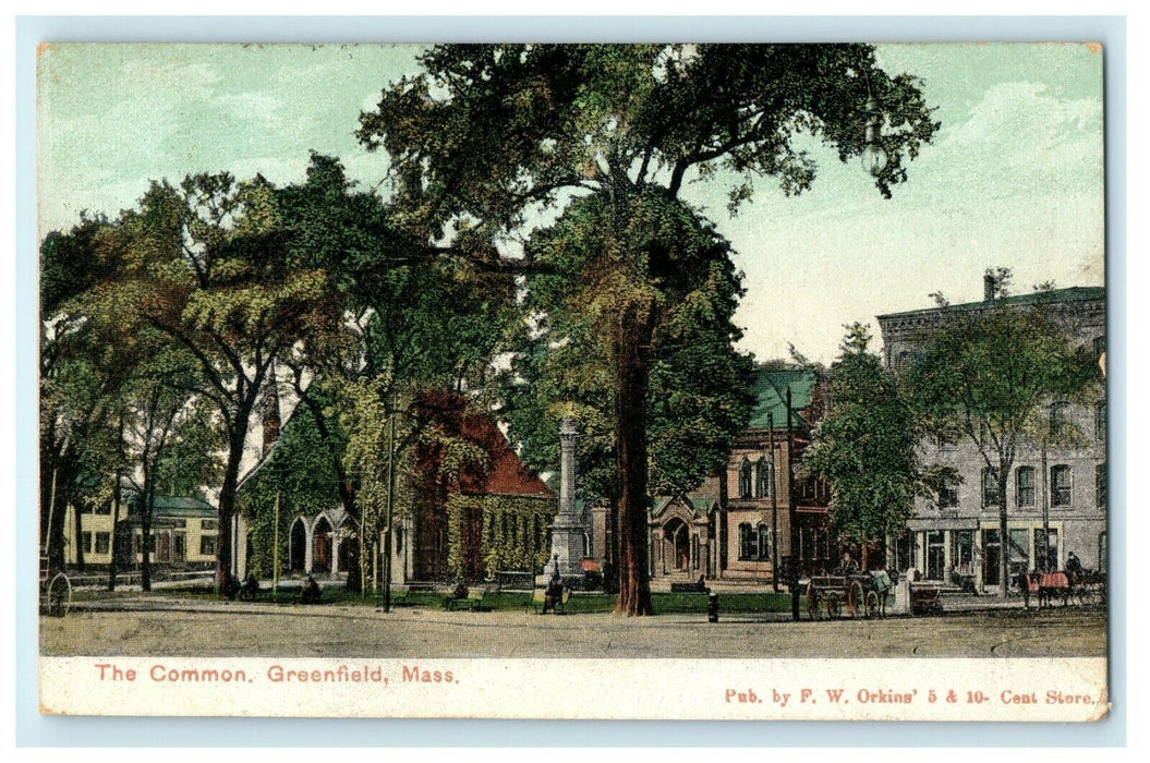 1907 View of Trees, The Common People Church, Greenfield Massachusetts Postcard