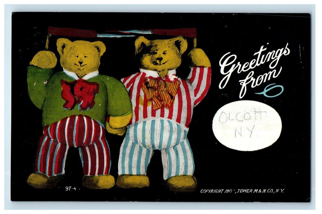 Greetings From Olcott New York NY, Two Teddy Bear Striped Unposted Postcard