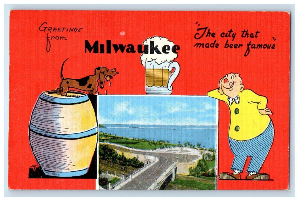 c1930's Greetings From Milwaukee Wisconsin WI, Dog Barrell Beer Vintage Postcard